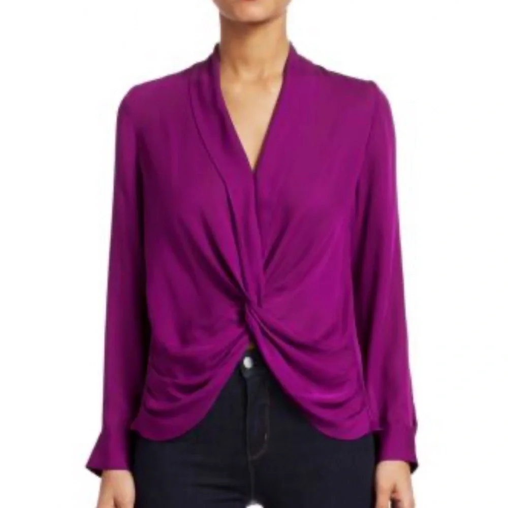 L’AGENCE PURPLE PLUM PLUNGE SILK TWIST FRONT LONG SLEEVE MARIPOSA BLOUSE top - Picture 11 of 12